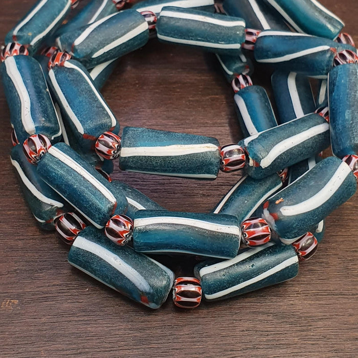 Venetian style blue and white candy glass beads black chevron beaded necklace