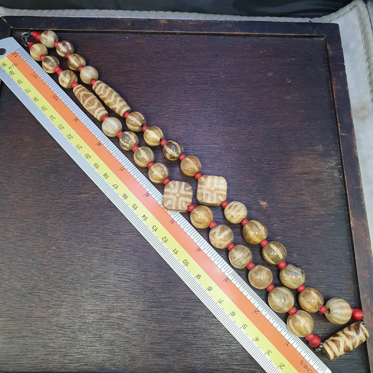 Vintage asian burmese old pumtek petrified wood stone beads necklace