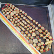 Asian burmese old pumtek petrified wood stone beads long necklace unique pattern
