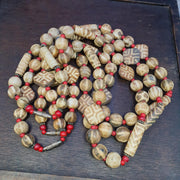 Asian burmese old pumtek petrified wood stone beads long necklace unique pattern
