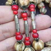 Asian burmese old pumtek petrified wood stone beads long necklace unique pattern