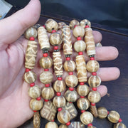Asian burmese old pumtek petrified wood stone beads long necklace unique pattern