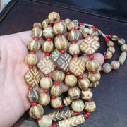 Asian burmese old pumtek petrified wood stone beads long necklace unique pattern
