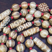 Asian burmese old pumtek petrified wood stone beads long necklace unique pattern