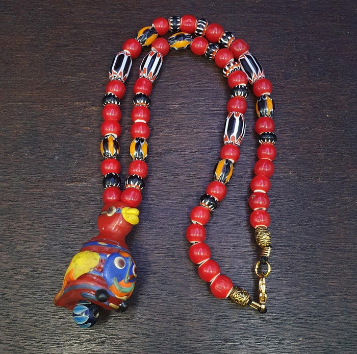 Vintage colorful venetian style face on big bird glass beads beaded necklace