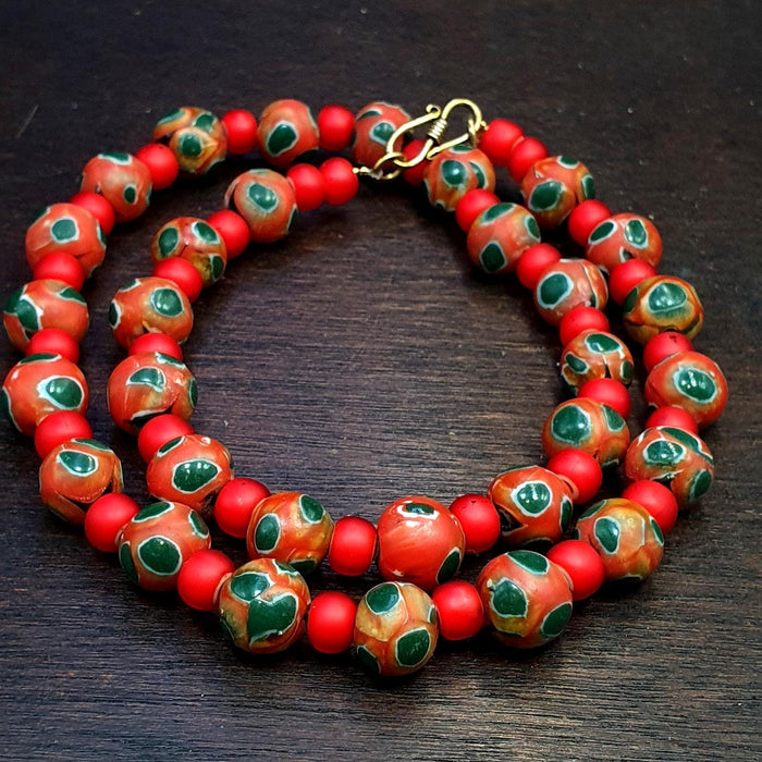Vintage venetian style orange gabri and red whiteheart glass beads necklace gift