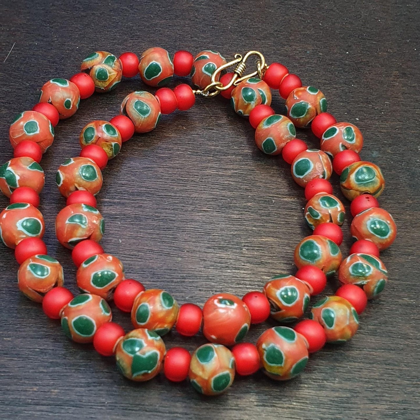 Vintage venetian style orange gabri and red whiteheart glass beads necklace gift