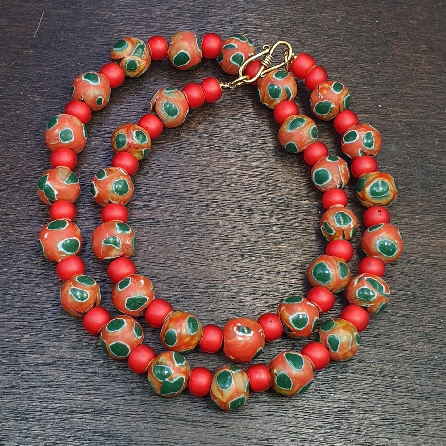 Vintage venetian style orange gabri and red whiteheart glass beads necklace gift