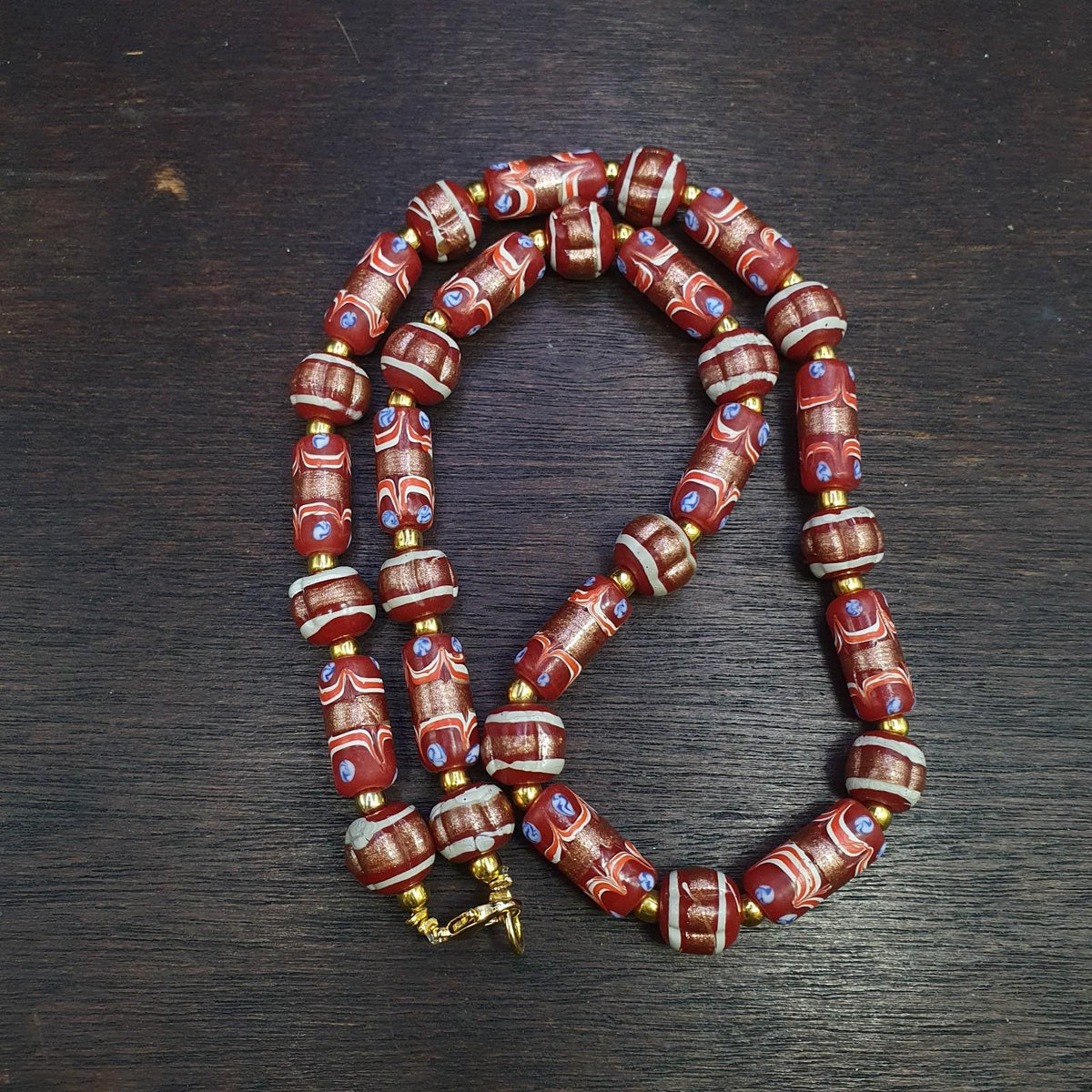 Vintage Aventurine Red Glass Bead Strand: Handmade Feather Design