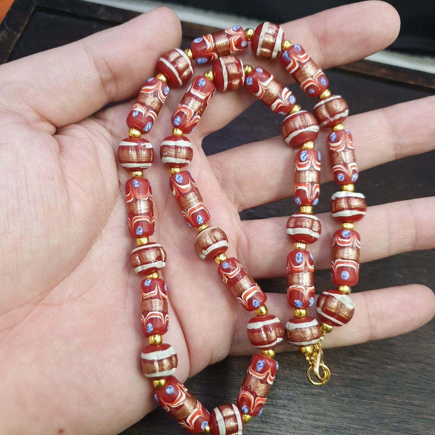 Vintage Aventurine Red Glass Bead Strand: Handmade Feather Design