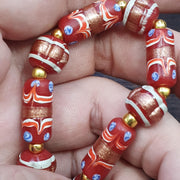 Vintage Aventurine Red Glass Bead Strand: Handmade Feather Design