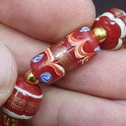 Vintage Aventurine Red Glass Bead Strand: Handmade Feather Design