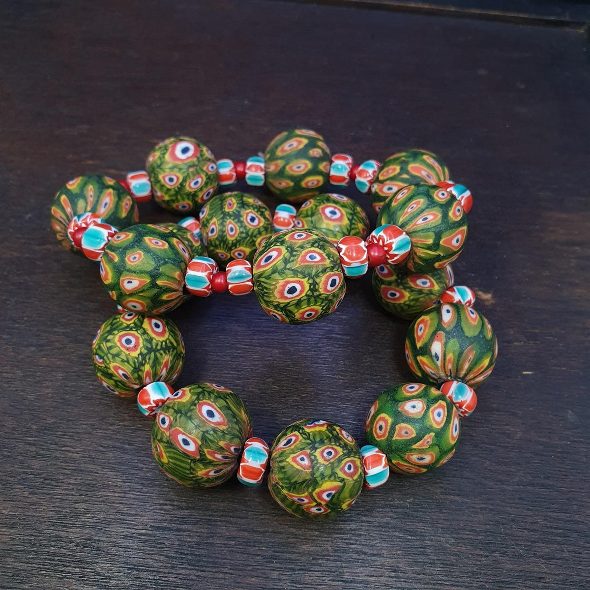 Vintage African Green Gabri Beads Bracelets: Hundred Eyes Design