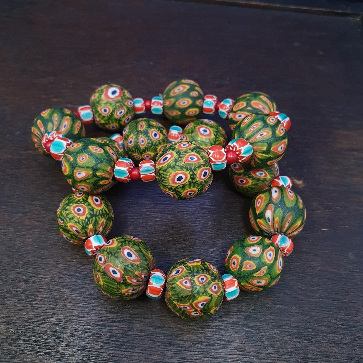 Vintage African Green Gabri Beads Bracelets: Hundred Eyes Design