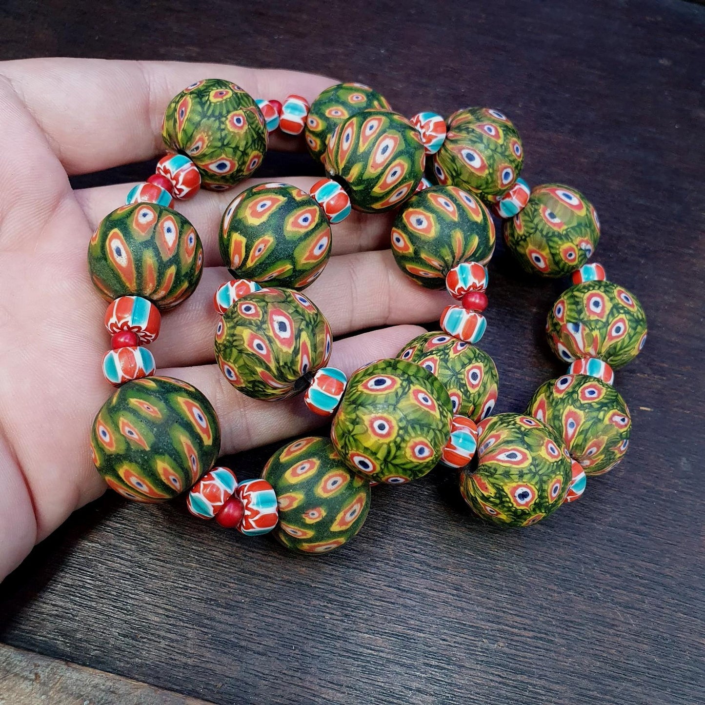 Vintage African Green Gabri Beads Bracelets: Hundred Eyes Design