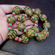 Green Gabri Beads, Vintage African Style Bracelets | Antique Glass, Pair Of Strands - Hundred Eyes Motif