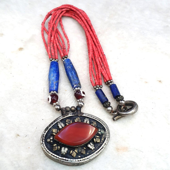 Vintage tribal afghan tiny seed beads coral red color lapis jewelry necklace #4