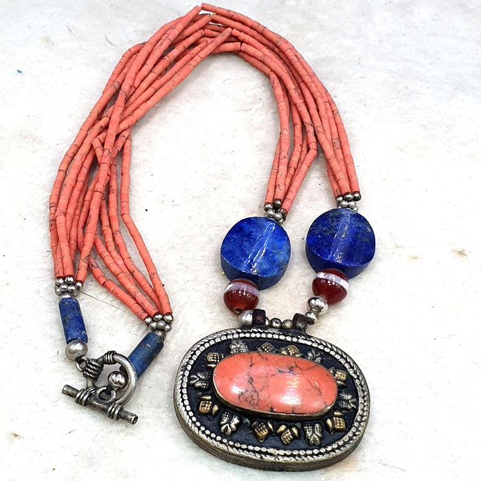 Vintage tribal afghan tiny seed beads coral red color lapis jewelry necklace #5