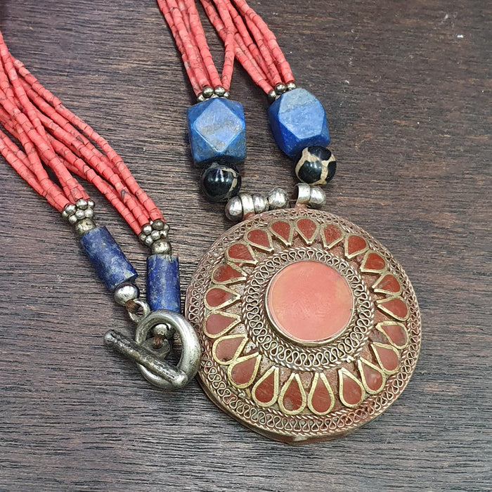 East Oasis Vintage Afghan Tribal Seed Bead Necklace - Coral Red & Blue Lapis Style #10