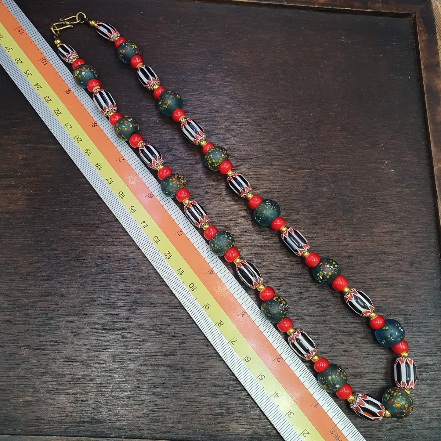 Vintage Chevron Whiteheart Glass Beads: Handmade Dark Green & Black Strand