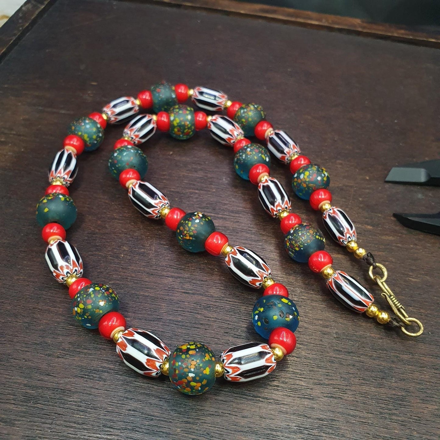 Vintage Chevron Whiteheart Glass Beads: Handmade Dark Green & Black Strand