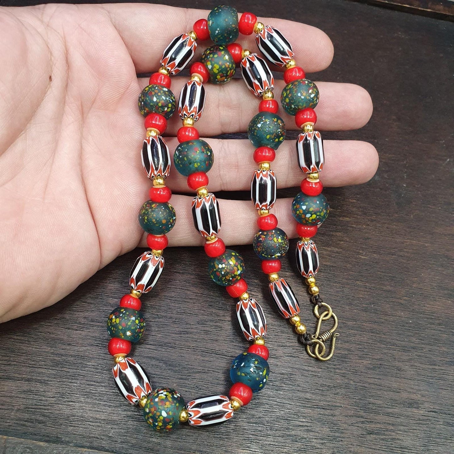 Vintage Chevron Whiteheart Glass Beads: Handmade Dark Green & Black Strand