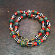 Vintage Chevron Whiteheart Glass Beads: Handmade Dark Green & Black Strand