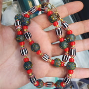 Vintage Chevron Whiteheart Glass Beads: Handmade Dark Green & Black Strand