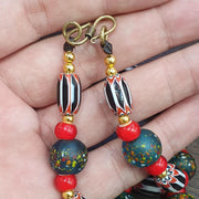 Vintage Chevron Whiteheart Glass Beads: Handmade Dark Green & Black Strand