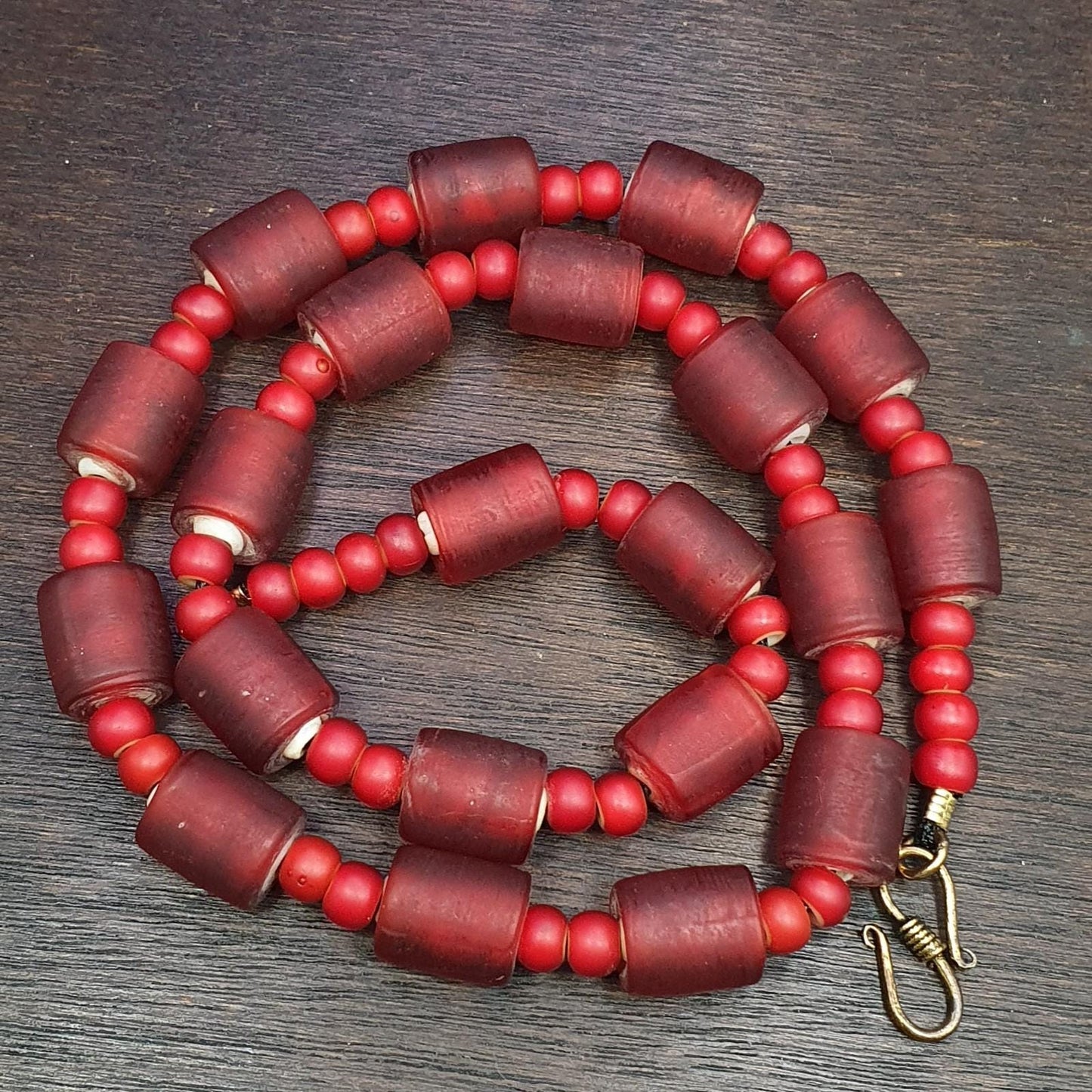 Vintage Venetian White Heart & Red Glass Trade Bead Necklace