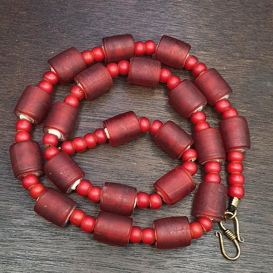 Vintage Venetian White Heart & Red Glass Trade Bead Necklace