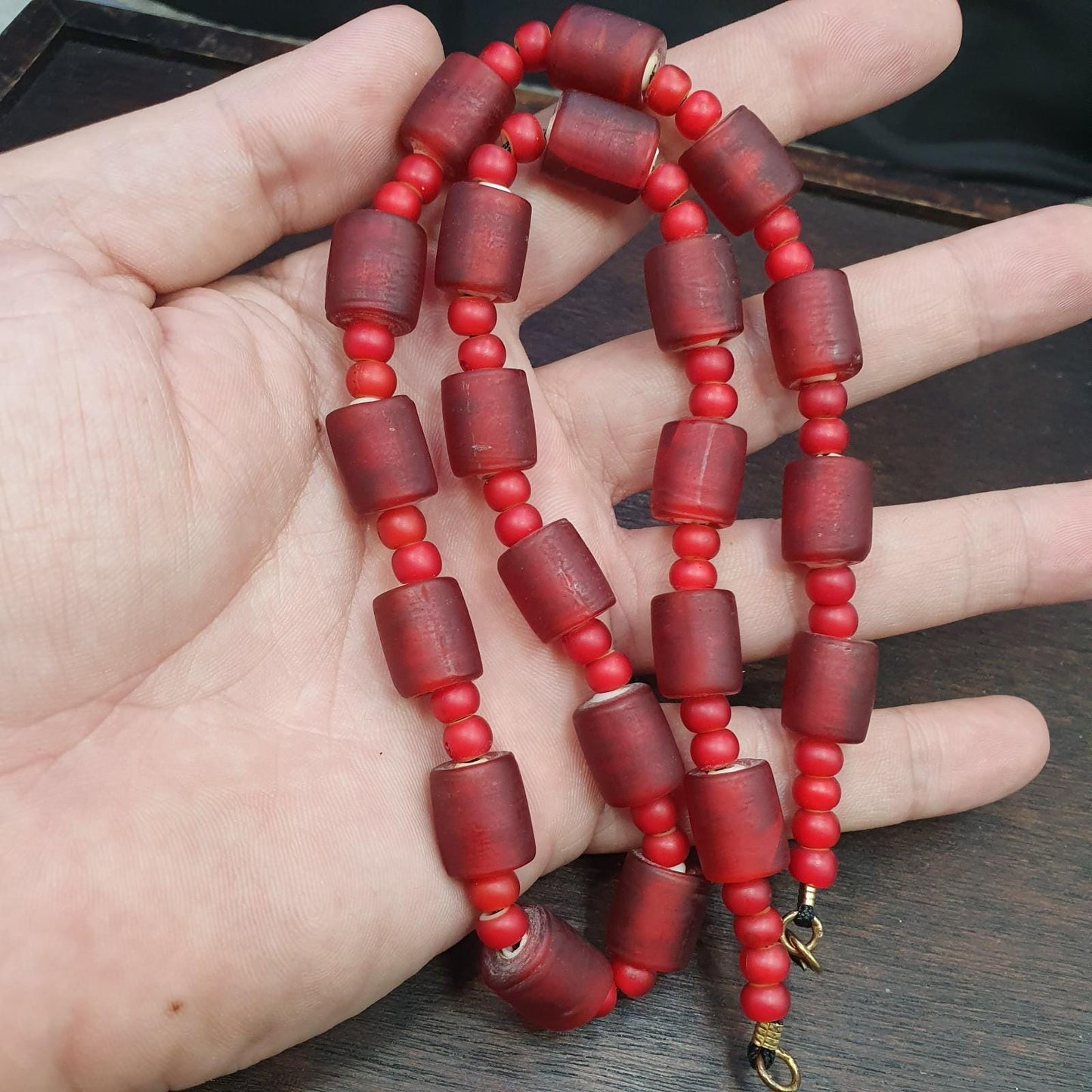 Vintage Venetian White Heart & Red Glass Trade Bead Necklace
