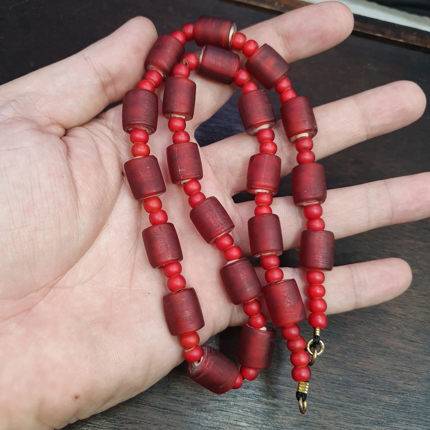 Vintage Venetian White Heart & Red Glass Trade Bead Necklace