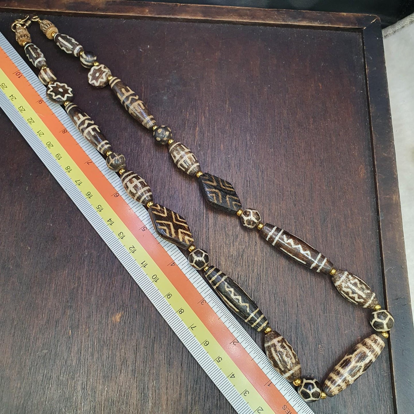 Antique south asian burmese pumtek pyu dzi pattern beads long necklace