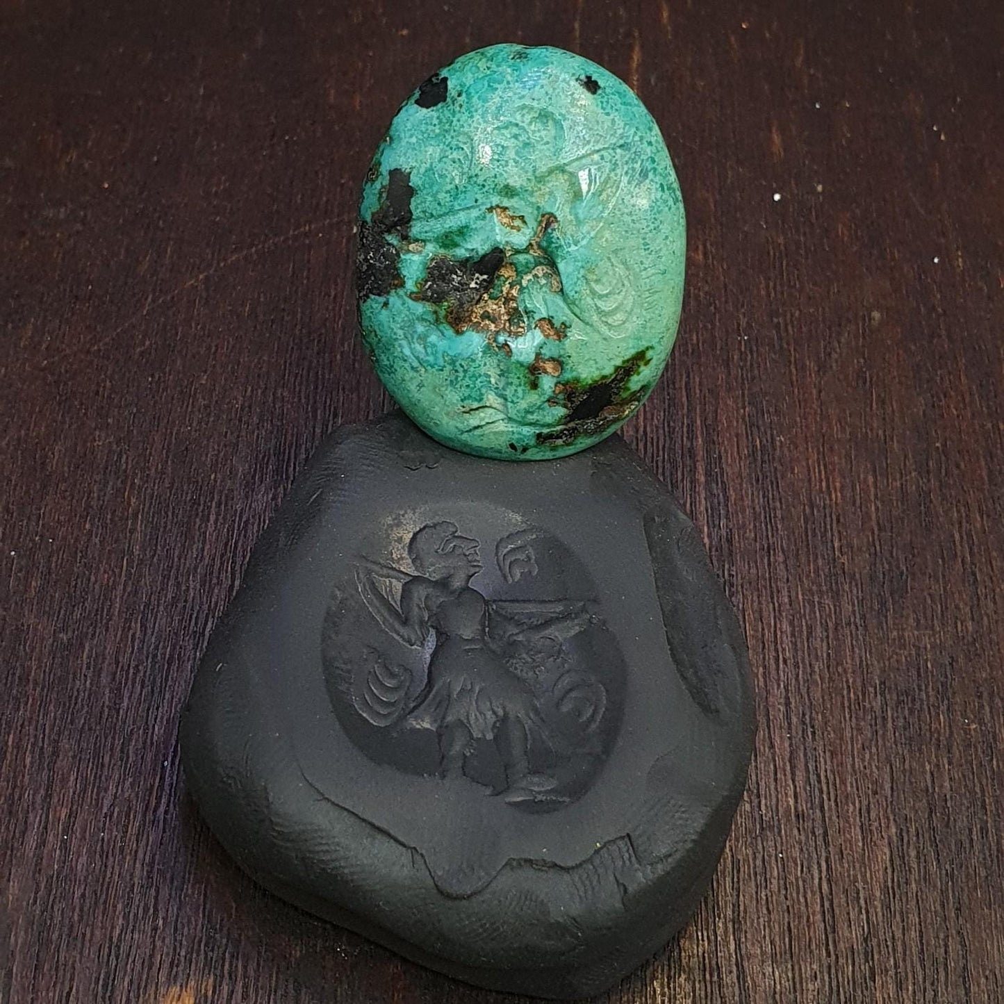 Anitique turquoise chrysocolla stamp seal intaglio engraved pendant bead Collectible Gift