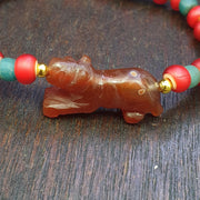 Animal Lion Figurine, Antique Tibetan Amulet - Hand Carved Red Agate, Whiteheart Bead Bracelet, Asian Style Decor