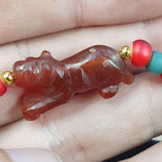 Animal Lion Figurine, Antique Tibetan Amulet - Hand Carved Red Agate, Whiteheart Bead Bracelet, Asian Style Decor