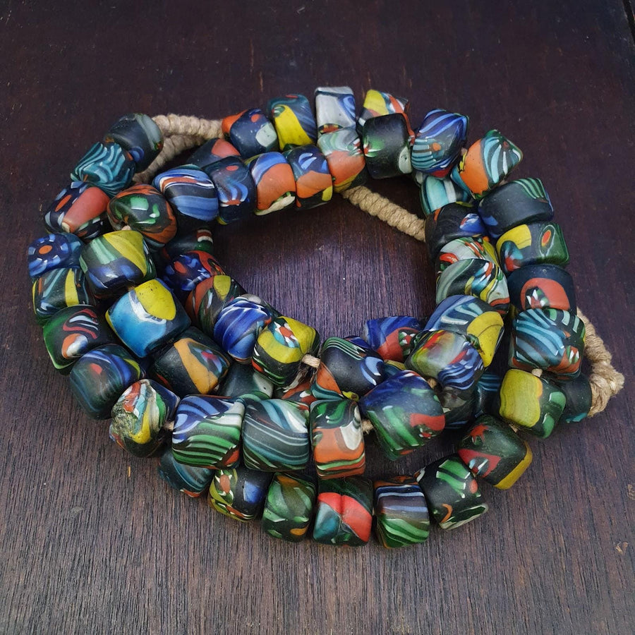 Vintage Venetian Style Mosaic Glass Beads Extra Long Necklace