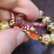 Agate Animal Pendant, Vintage Tibetan Bracelet - Burmese Pumtek Beads, Multicolor Strands | Carved Figurine