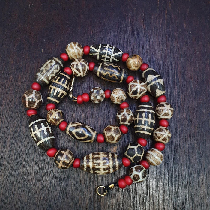 South asian burmese old pumtek petrified wood stone beads long necklace #j5