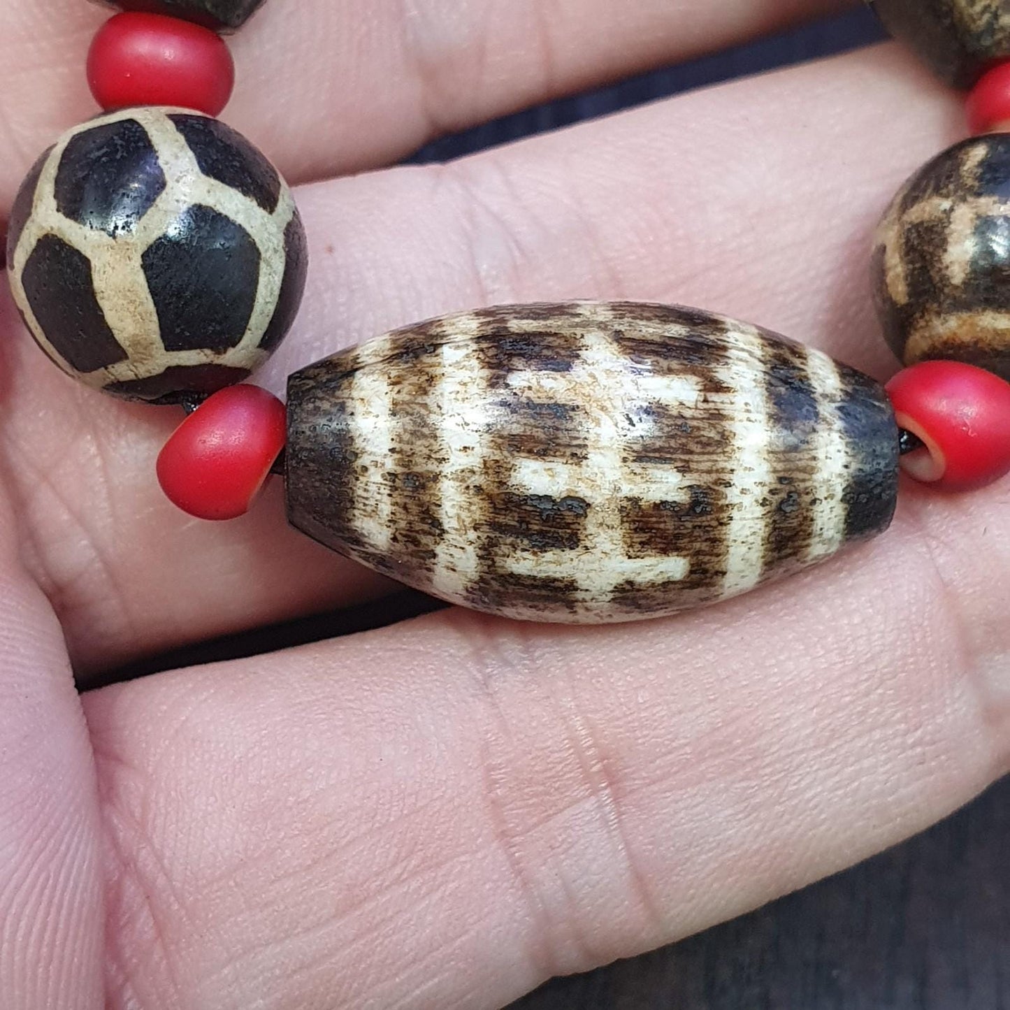 South asian burmese old pumtek petrified wood stone beads long necklace #j5