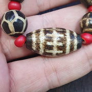 South asian burmese old pumtek petrified wood stone beads long necklace #j5