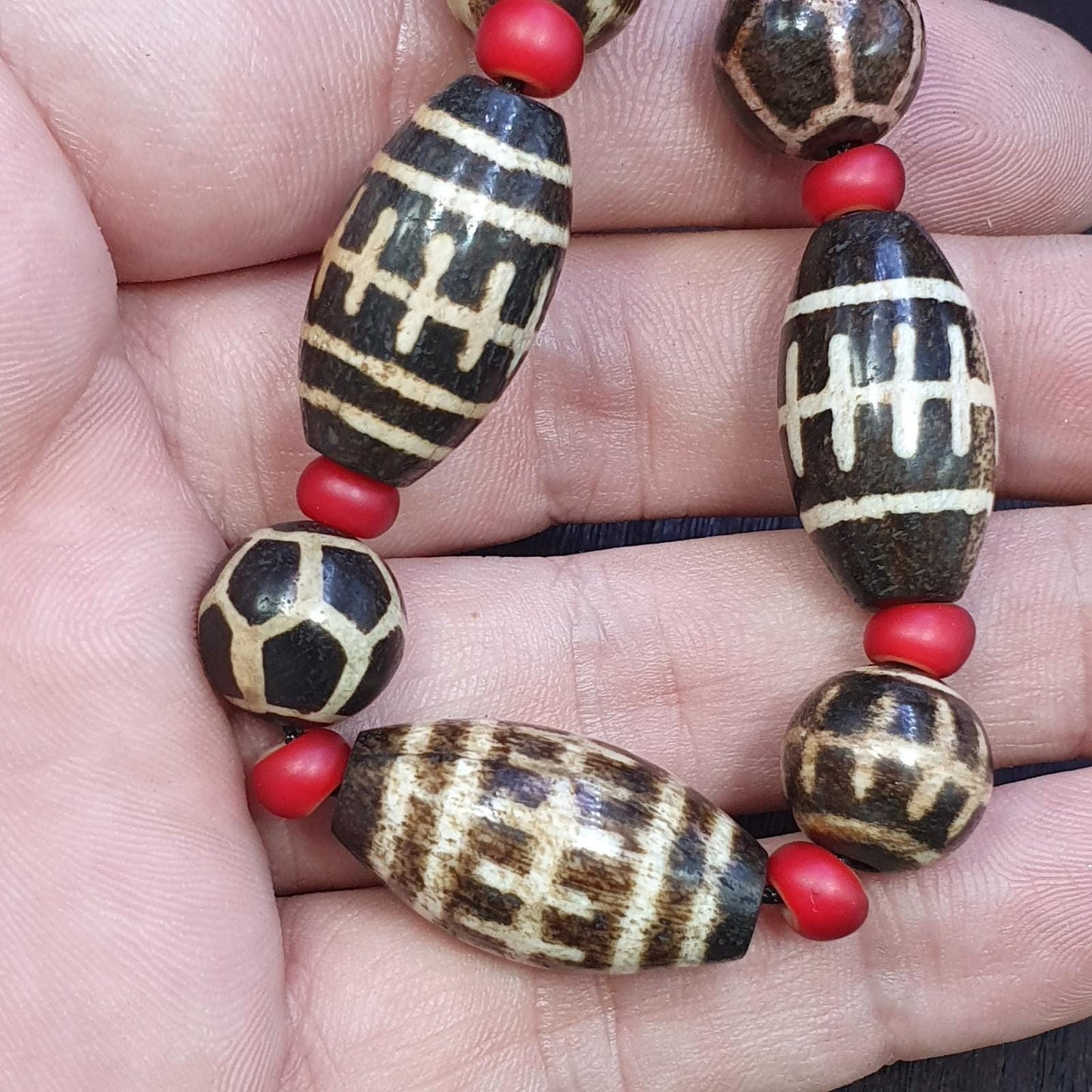South asian burmese old pumtek petrified wood stone beads long necklace #j5