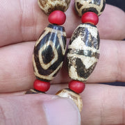 South asian burmese old pumtek petrified wood stone beads long necklace #j5