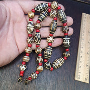 South asian burmese old pumtek petrified wood stone beads long necklace #j5
