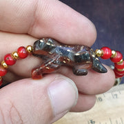 Antique Dzi Agate, Tibetan Carved Animal Bracelet | Multi-Hued Beads, Handcarved Figurines | Elastic Fit