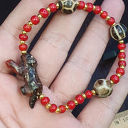 Antique Dzi Agate, Tibetan Carved Animal Bracelet | Multi-Hued Beads, Handcarved Figurines | Elastic Fit