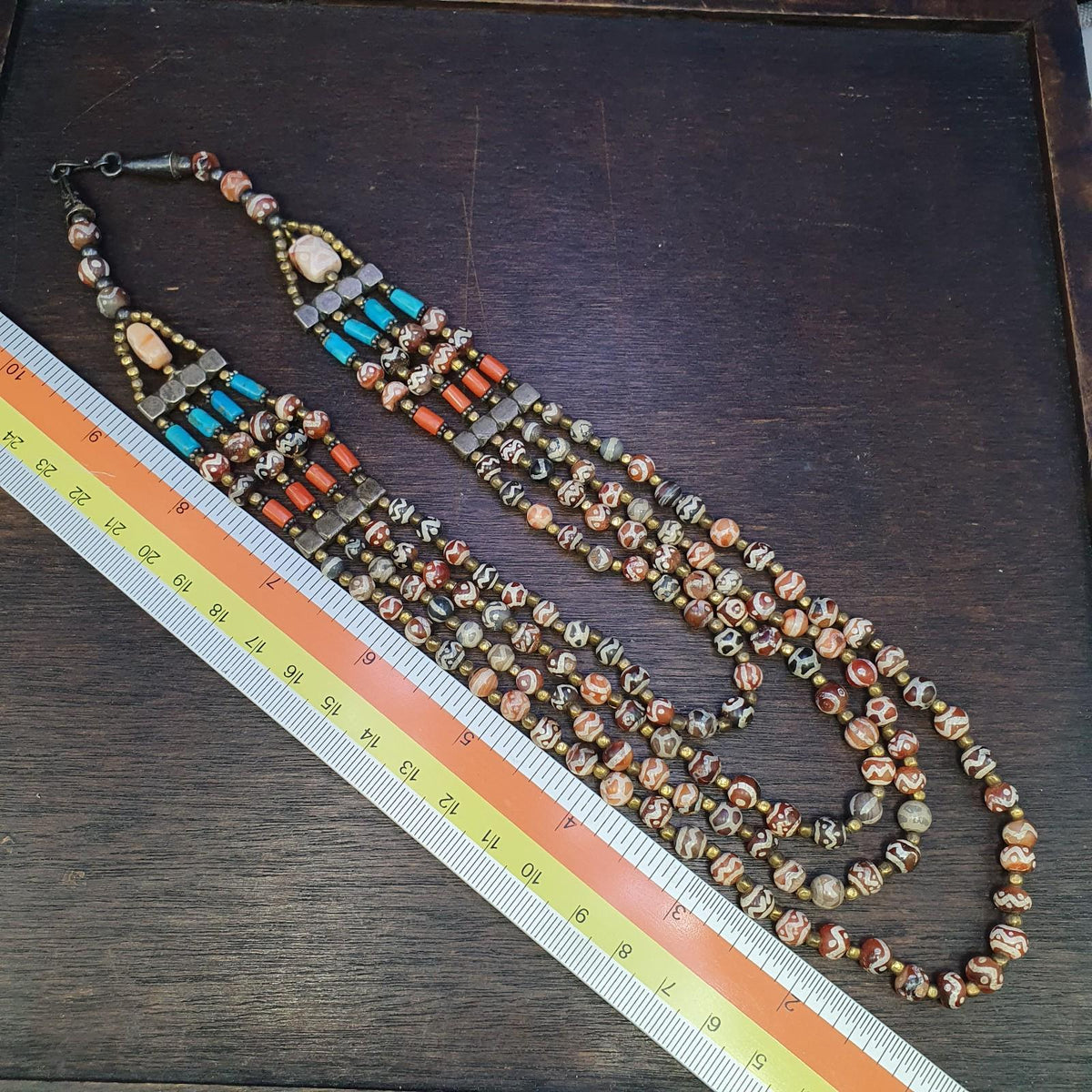 Antique etched agate decorated carnelian coral tuquoise beads necklace
