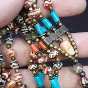 Antique etched agate decorated carnelian coral tuquoise beads necklace