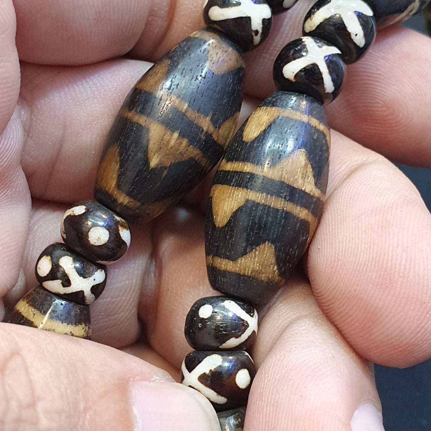 Burmese Pumtek Petrified Wood Bead Necklace: South Asian Dzi Patterns